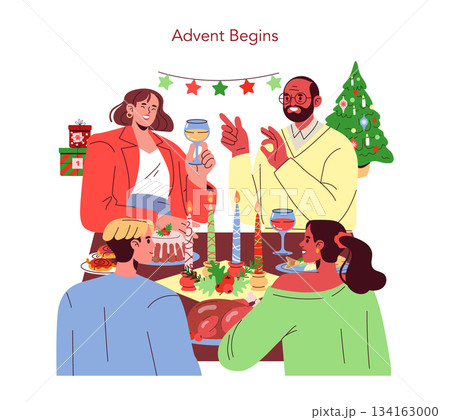 Friends gathered around a decorated table celebrating Advent with festive food, candles, and wine. A joyful atmosphere with holiday decorations sets the scene in this vector illustration. 134163000