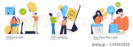 Vector illustration of people interacting with fintech solutions such as mobile credit, P2P lending, and buy now pay later services. Emphasizes digital finance engagement. 134163010