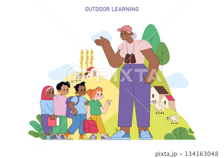 Vector illustration of a teacher with students engaging in outdoor learning. The scene depicts interaction and education in a natural landscape, fostering curiosity and exploration. Vector illustration of a teacher with students engaging in outdoor learning. The scene depicts interaction and education in a natural landscape, fostering curiosity and exploration. 134163048