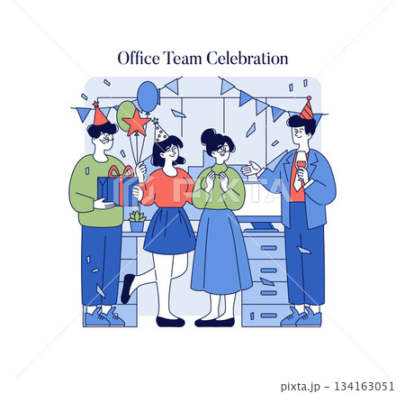 Vector illustration of an office celebration featuring colleagues in party hats exchanging gifts and enjoying the festive atmosphere, with balloons and confetti enhancing the scene. 134163051