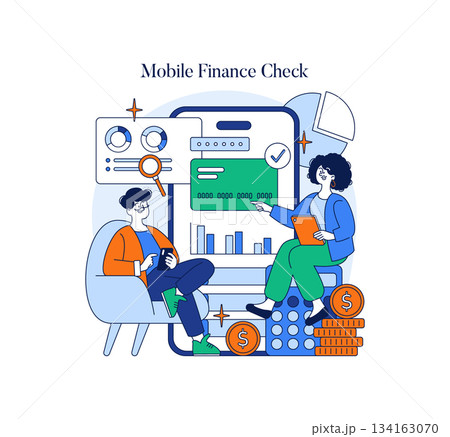 Vector illustration featuring two individuals analyzing a mobile finance app interface. Engaged discussion, charts, and coins depict the concept of financial management. Vector illustration featuring two individuals analyzing a mobile finance app interface. Engaged discussion, charts, and coins depict the concept of financial management. 134163070