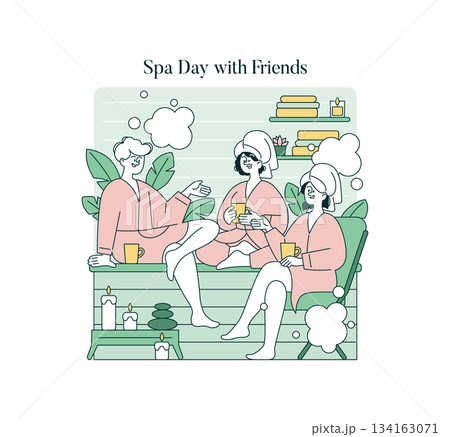 Vector illustration of three friends relaxing during a spa day. They are sitting in robes, holding drinks, and smiling, surrounded by candles and plants, showcasing relaxation and friendship. 134163071