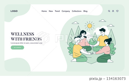 Vector illustration of a group of friends sitting outdoors in a circle, holding hands under a sunny sky. Promotes wellness, relaxation, and social connection in a natural setting. 134163073