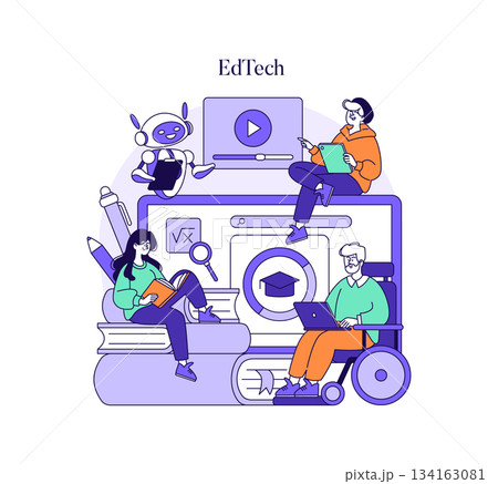 EdTech vector illustration depicting diverse individuals engaged in digital learning. Features students using technology and books, with a robot assisting in an educational setting. 134163081