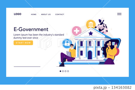 Vector illustration depicting e-government services with people interacting with digital platforms. Shows government building, icons of healthcare, security, and technology. Highlights digital 134163082