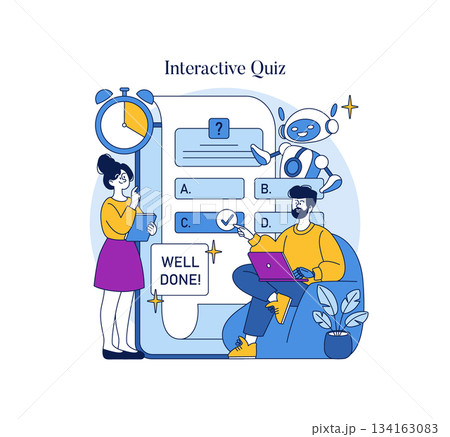 Vector illustration of two people engaging in an interactive quiz. A robot assists as a digital companion. One person selects an answer on a digital screen, while the other observes. 134163083