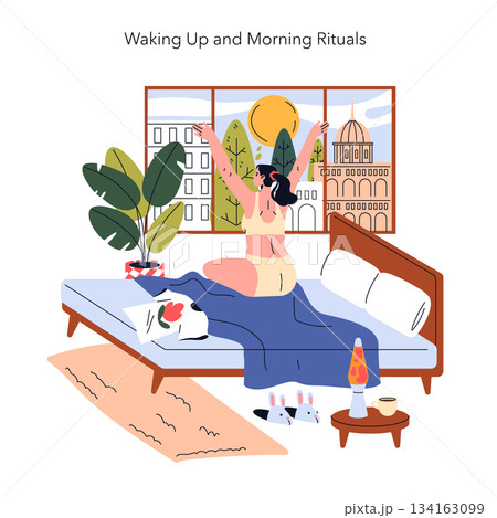 Vector illustration of a person stretching on a bed with a sunrise view through a window. The scene is set in a cozy bedroom with plants, decorative items, and a welcoming atmosphere. 134163099