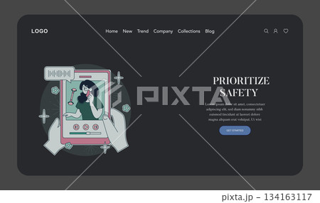 Vector illustration depicting an online safety message on a digital device screen, featuring a person in a video call. Emphasizes security and communication in digital interactions. 134163117