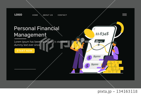 Vector illustration depicting a personal financial management app on a smartphone screen. Two people observe financial data, including graphs and currency symbols, emphasizing financial planning. 134163118