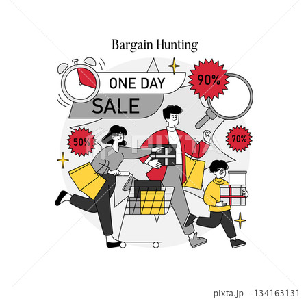 Vector illustration of a family eagerly participating in a one-day sale event. They push a shopping cart and carry shopping bags, highlighting excitement during bargain hunting. 134163131