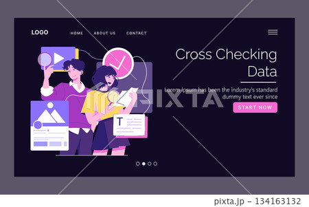 Vector illustration of a website layout featuring two people interacting with digital elements like videos and data. The scene emphasizes teamwork and digital collaboration. Vector illustration of a website layout featuring two people interacting with digital elements like videos and data. The scene emphasizes teamwork and digital collaboration. 134163132