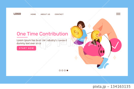 Vector illustration featuring a one-time contribution theme with hands placing a coin in a piggy bank. Includes a person holding a coin and a call-to-action button on a website layout. 134163135