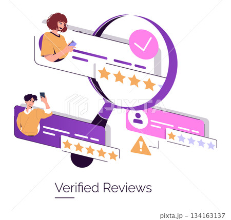 Vector illustration showcasing verified reviews with star ratings. Features two characters analyzing feedback using mobile devices. Emphasizes trust and credibility in reviews. 134163137