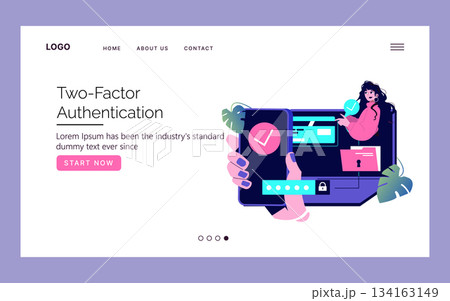 Two-factor authentication vector illustration showing a hand holding a phone with a checkmark. A woman interacts with a computer screen to enhance security awareness. 134163149