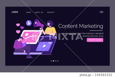 Vector illustration depicting content marketing with individuals using devices for strategy. Includes a person with a megaphone symbolizing communication and engagement online. Vector illustration depicting content marketing with individuals using devices for strategy. Includes a person with a megaphone symbolizing communication and engagement online. 134163152