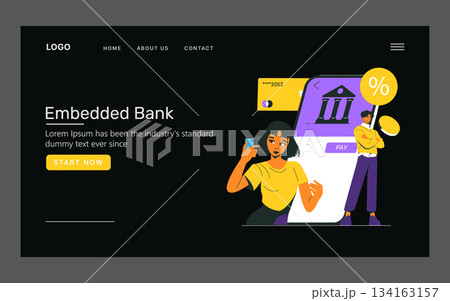 Vector illustration showcasing a mobile banking app interface with a woman holding a phone and a man standing near a giant screen. Emphasizes digital payment and bank technology. Vector illustration showcasing a mobile banking app interface with a woman holding a phone and a man standing near a giant screen. Emphasizes digital payment and bank technology. 134163157