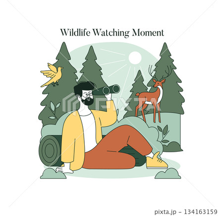 Vector illustration of a person engaged in wildlife observation in a forest setting. A bird and deer are visible, depicting a serene interaction with nature. Suitable for wildlife and nature themes. 134163159