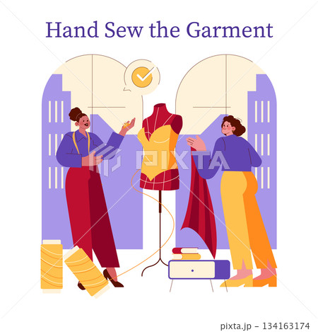 Vector illustration of two people sewing and designing a dress on a mannequin. One person holds fabric while the other adjusts the dress form. Spools of thread and patterns nearby enhance the creative Vector illustration of two people sewing and designing a dress on a mannequin. One person holds fabric while the other adjusts the dress form. Spools of thread and patterns nearby enhance the creative 134163174