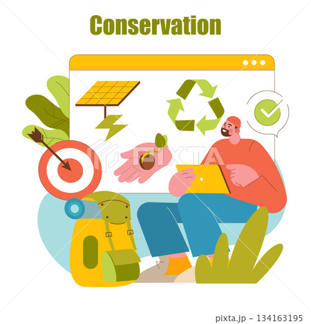 Vector illustration of a person using a tablet to explore conservation concepts. Includes symbols for solar energy, recycling, and ecological actions, emphasizing environmental awareness. 134163195