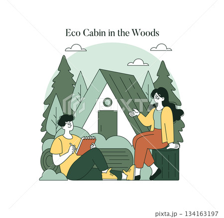 Vector illustration of two people engaging in conversation near an eco-friendly cabin in the woods. Surrounded by nature, they appear relaxed and content while interacting outdoors. 134163197