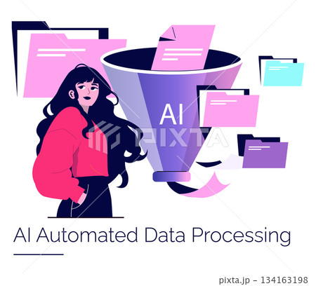 Vector illustration depicting AI automated data processing with documents funneling into a system. A woman stands confidently, symbolizing innovation and technology integration. Vector illustration depicting AI automated data processing with documents funneling into a system. A woman stands confidently, symbolizing innovation and technology integration. 134163198