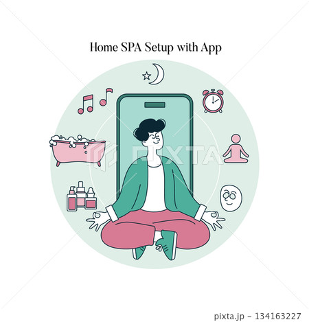 Vector illustration of a person meditating at home using a mobile app for spa and relaxation. Surrounded by soothing elements like music notes, bathtub, and essential oils. 134163227