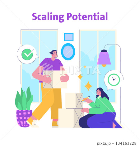 Vector illustration of two people collaborating on a business growth project. One person is holding boxes while the other writes notes, symbolizing teamwork and scaling potential. Vector illustration of two people collaborating on a business growth project. One person is holding boxes while the other writes notes, symbolizing teamwork and scaling potential. 134163229