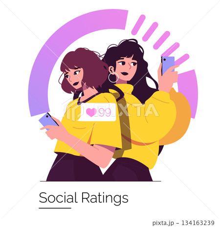 Vector illustration of two friends using smartphones, engaging with social media. Both are wearing yellow, sharing a positive connection and interaction online with a heart icon. 134163239