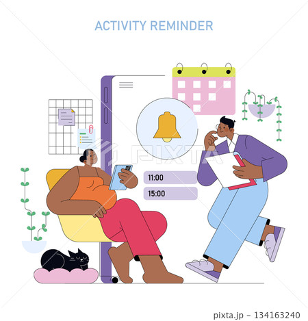 Vector illustration of two colleagues interacting with a smartphone reminder app. A woman sits with a phone, while a man with a clipboard points thoughtfully at the screen. Vector illustration of two colleagues interacting with a smartphone reminder app. A woman sits with a phone, while a man with a clipboard points thoughtfully at the screen. 134163240