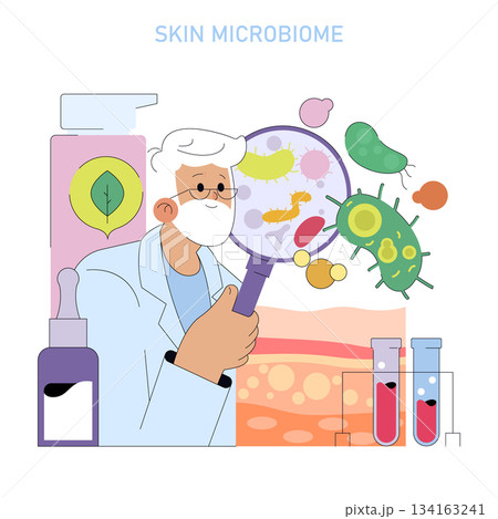 Vector illustration showing a scientist analyzing the skin microbiome using a magnifying glass. Various bacteria and microorganisms are visible, emphasizing microbiome diversity. 134163241
