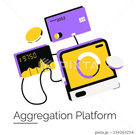 Vector illustration of a financial data aggregation platform showcasing credit card connectivity and data visualization elements. Represents integration of financial information into a coherent system 134163254