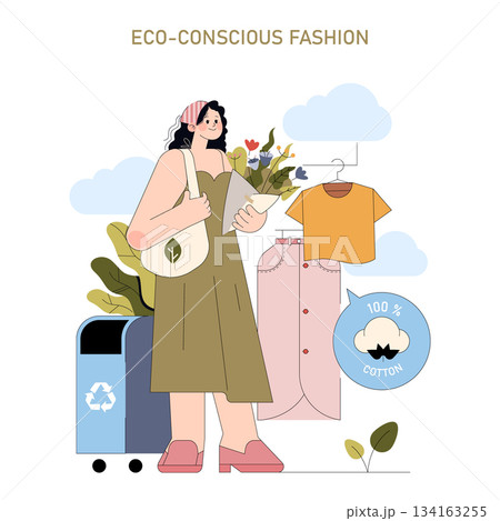 Vector illustration of a woman holding an eco-friendly tote bag, standing near sustainable fashion items. She looks content while surrounded by botanical elements and recyclable icons. Vector illustration of a woman holding an eco-friendly tote bag, standing near sustainable fashion items. She looks content while surrounded by botanical elements and recyclable icons. 134163255