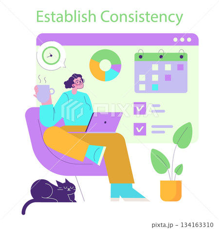Vector illustration of a person sitting with a laptop in a cozy setting, planning workflow. Emphasizes consistency with charts and schedules, accompanied by a relaxed cat and plant. 134163310