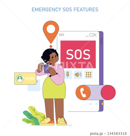 Vector illustration of a concerned woman holding a smartphone, engaging an emergency SOS app. Location pin and contact details visible. Features emergency alert system concept. Vector illustration of a concerned woman holding a smartphone, engaging an emergency SOS app. Location pin and contact details visible. Features emergency alert system concept. 134163318