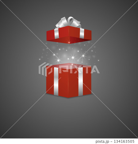Open Red Gift Box with White Ribbon, Sparkling Magic Light and Reflection, Vector Illustration. 3d Realistic Vector Surprise Present for Birthday, Christmas, Valentine, Holiday Promotion 134163505