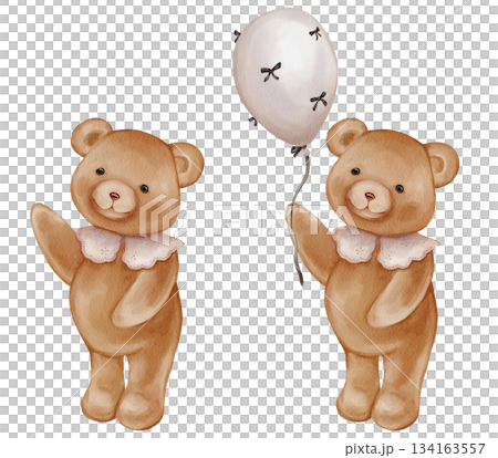 Watercolor Cute Teddy Bear Holding balloon black bows. Valentine Brown bear toy with vintage Jabot collar. Illustration hand drawn in retro style on isolated background for design greeting card Watercolor Cute Teddy Bear Holding balloon black bows. Valentine Brown bear toy with vintage Jabot collar. Illustration hand drawn in retro style on isolated background for design greeting card 134163557