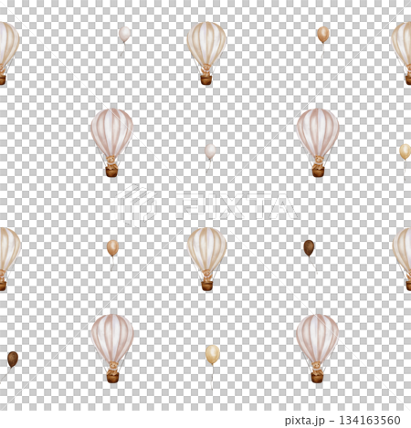 Repeat pattern with hot Air Balloons, helium balloon and bears. Watercolor seamless background for Kids. Cute Print for childish textile design or wallpaper with cute Teddy 134163560