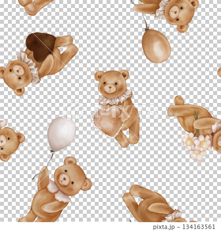 Seamless pattern with Watercolor Cute Teddy Bear Holding balloon and heart. Repeat ornament with Valentine Brown bear toy with vintage Jabot collar and daisy. Illustration hand drawn on isolated. Seamless pattern with Watercolor Cute Teddy Bear Holding balloon and heart. Repeat ornament with Valentine Brown bear toy with vintage Jabot collar and daisy. Illustration hand drawn on isolated. 134163561