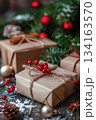 Christmas gift delivery with festive decor and berries for holiday season joy. Boxing Day. Template for Christmas and New Year. Vertical banner. Copy space. Free space for text 134163570