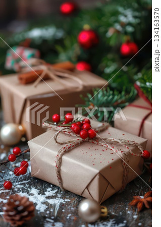 Christmas gift delivery with festive decor and berries for holiday season joy. Boxing Day. Template for Christmas and New Year. Vertical banner. Copy space. Free space for text 134163570