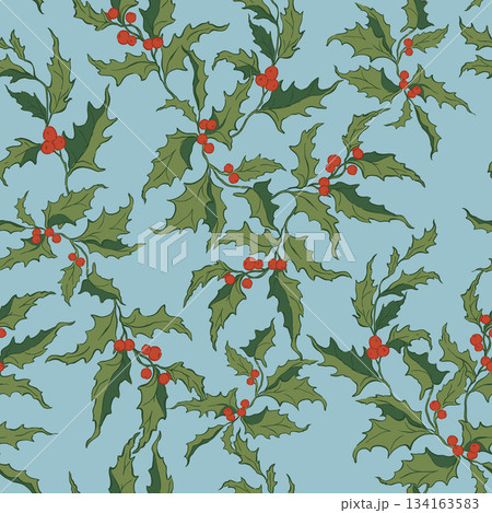 Christmas vector floral seamless pattern of holly and berries. Hand-drawn vintage collection isolated on blue background. Illustration for design, print, fabric or background. Christmas vector floral seamless pattern of holly and berries. Hand-drawn vintage collection isolated on blue background. Illustration for design, print, fabric or background. 134163583