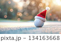 Festive golf ball with santa hat on christmas background for holiday greeting cards. Horizontal banner. Copy space. White golf ball with santa hat on snow covered grass. For golf club, sports store 134163668