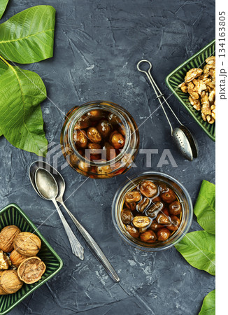 Bank of jam walnuts. 134163805