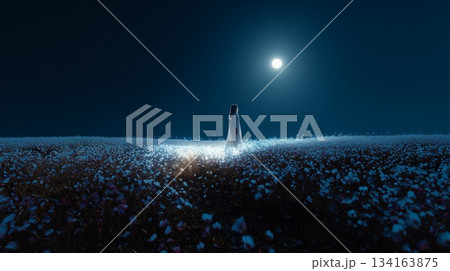 Woman stands amid glowing flower field 134163875