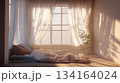 Soft sunlight streams across unmade bed and plants near window with sheer drapes 134164024