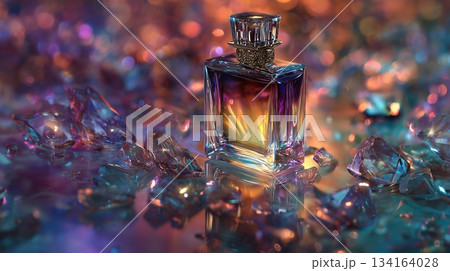A luxurious fragrance bottle, its facets catching the glow of twinkling lights 134164028