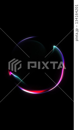 Smooth glowing red neon orb with curved gradient light trails creating elegant futuristic abstract motion on dark background. 134164201