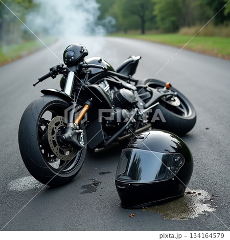 AI generated An image capturing destroyed motorcycle surrounded by fog and scattered 134164579