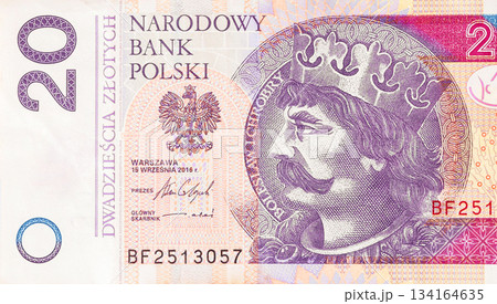 Genuine Poland banknote value 20 zloty denomination printed under central bank Polski regulation 134164635