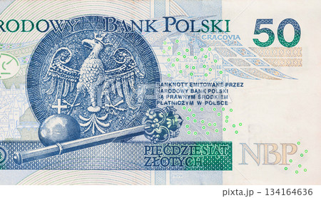 Polish national monetary cash banknote 50 zloty denomination authorized by Narodowy bank Polski 134164636